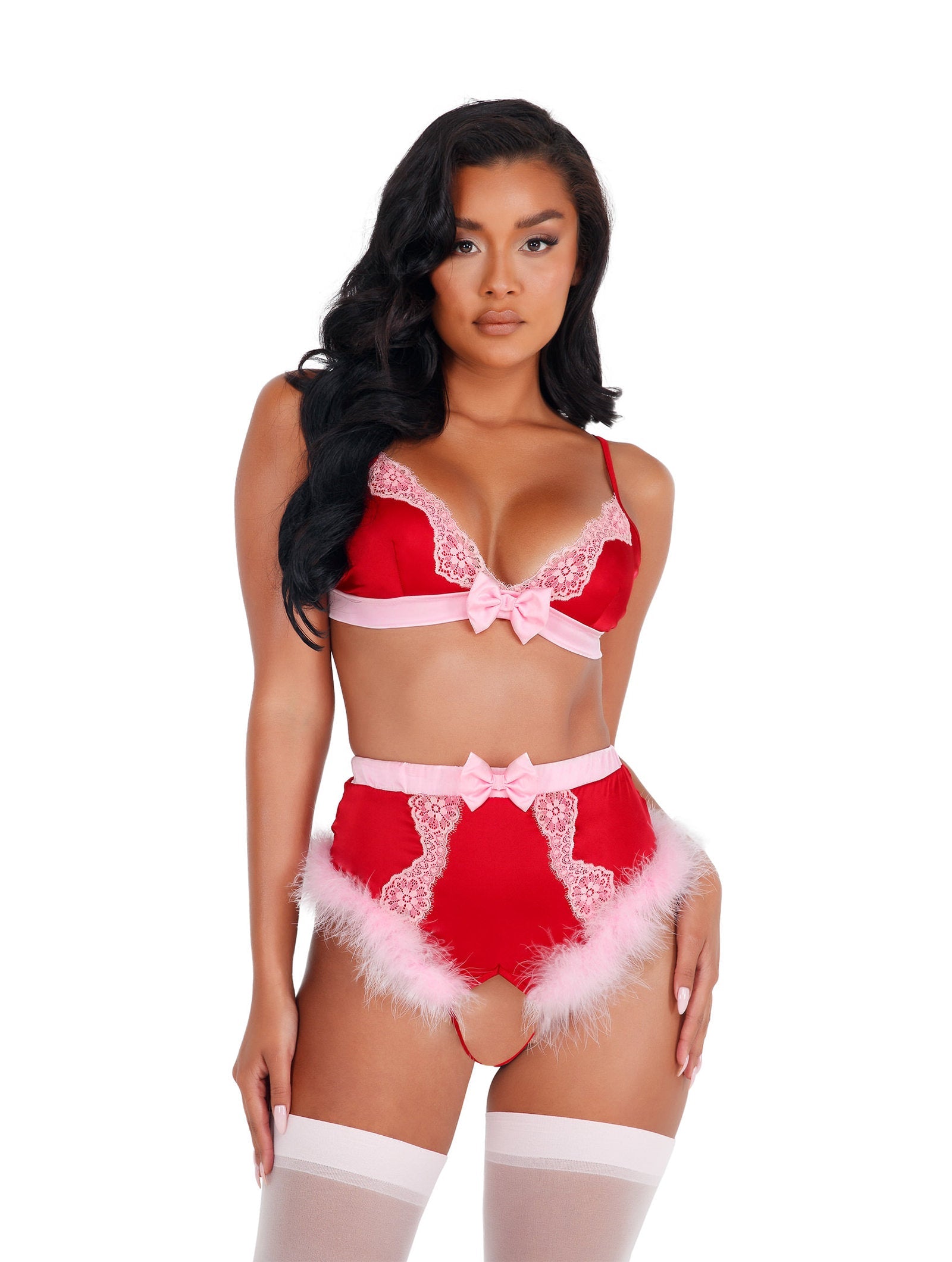 Red/pink Vivid 2pc Lace & Satin Marabou Bra Set Lingerie Size XL