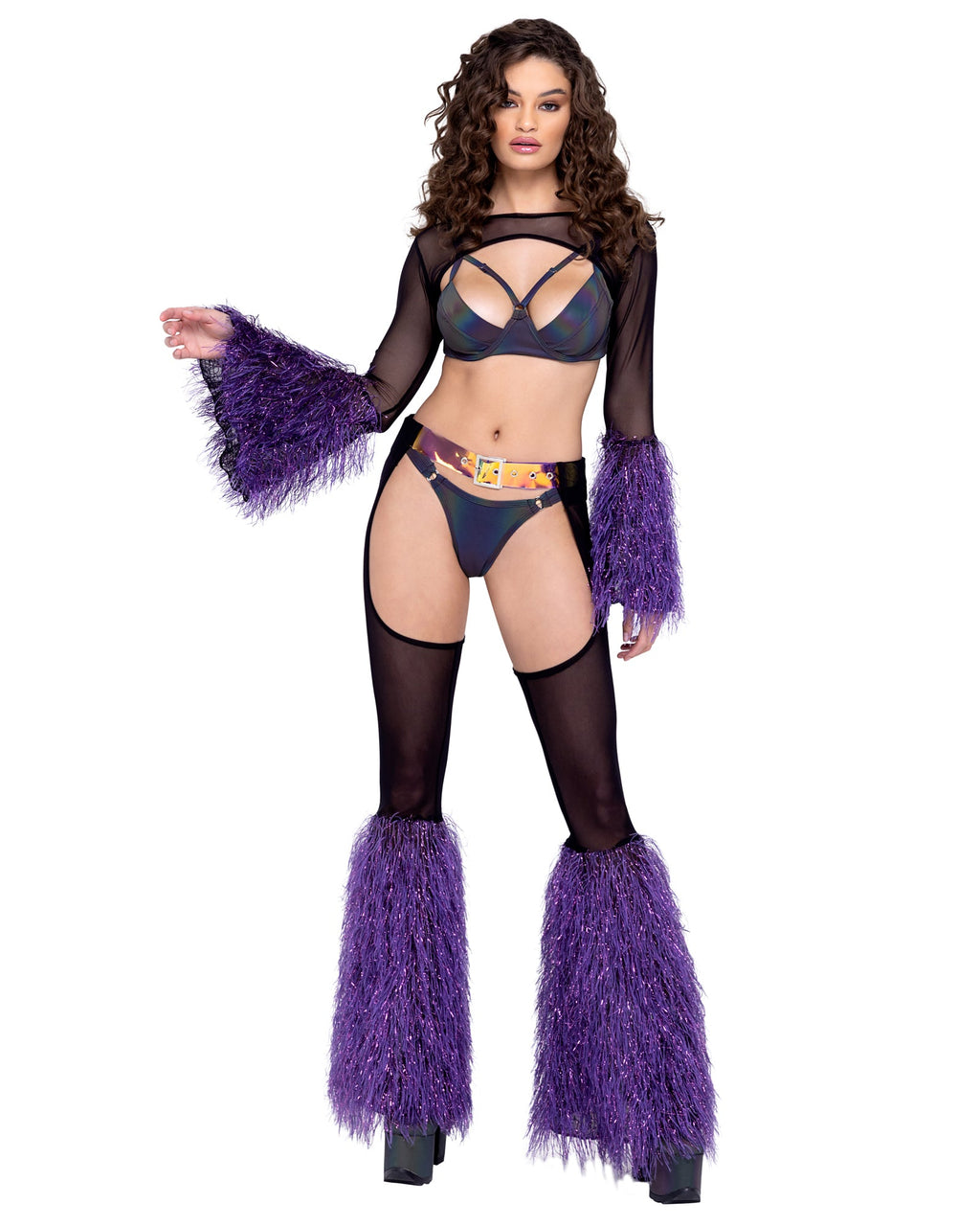 Black/purple Serene 6247 - Sheer Shrug with Faux Fur Bell Sleeve Ravewear Size L