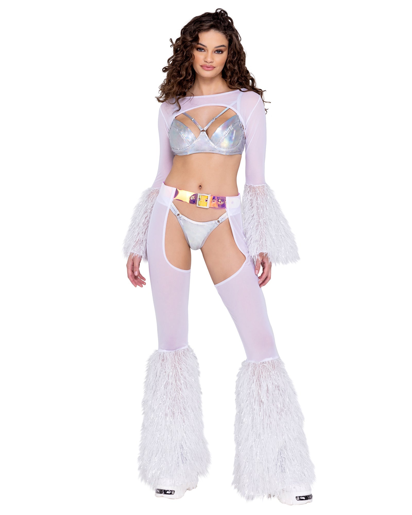 White Angel 6248 - Sheer Chaps with Faux Fur Bell & Belt Ravewear Size L