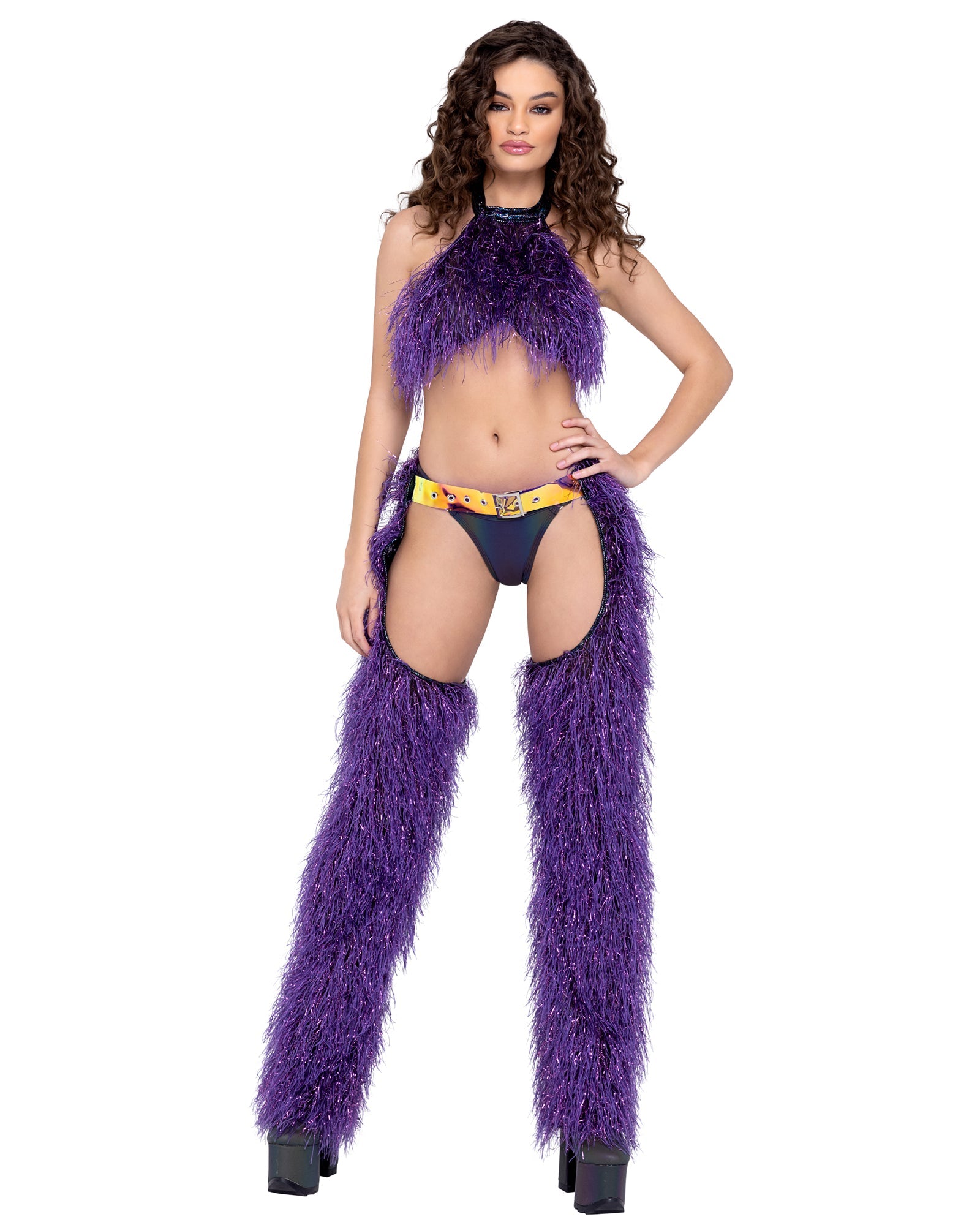 Purple Seductress 6251 - Faux-Fur Cropped Halter Neck Top Ravewear Size L