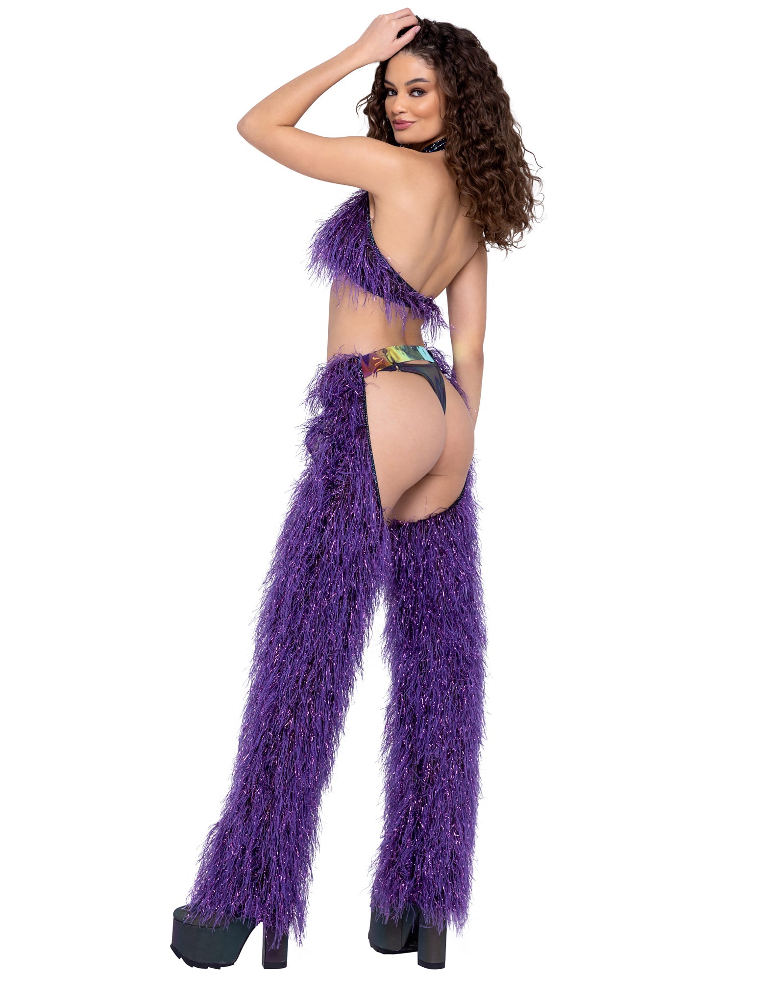 Seductress 6251 - Faux-Fur Cropped Halter Neck Top Ravewear Back View