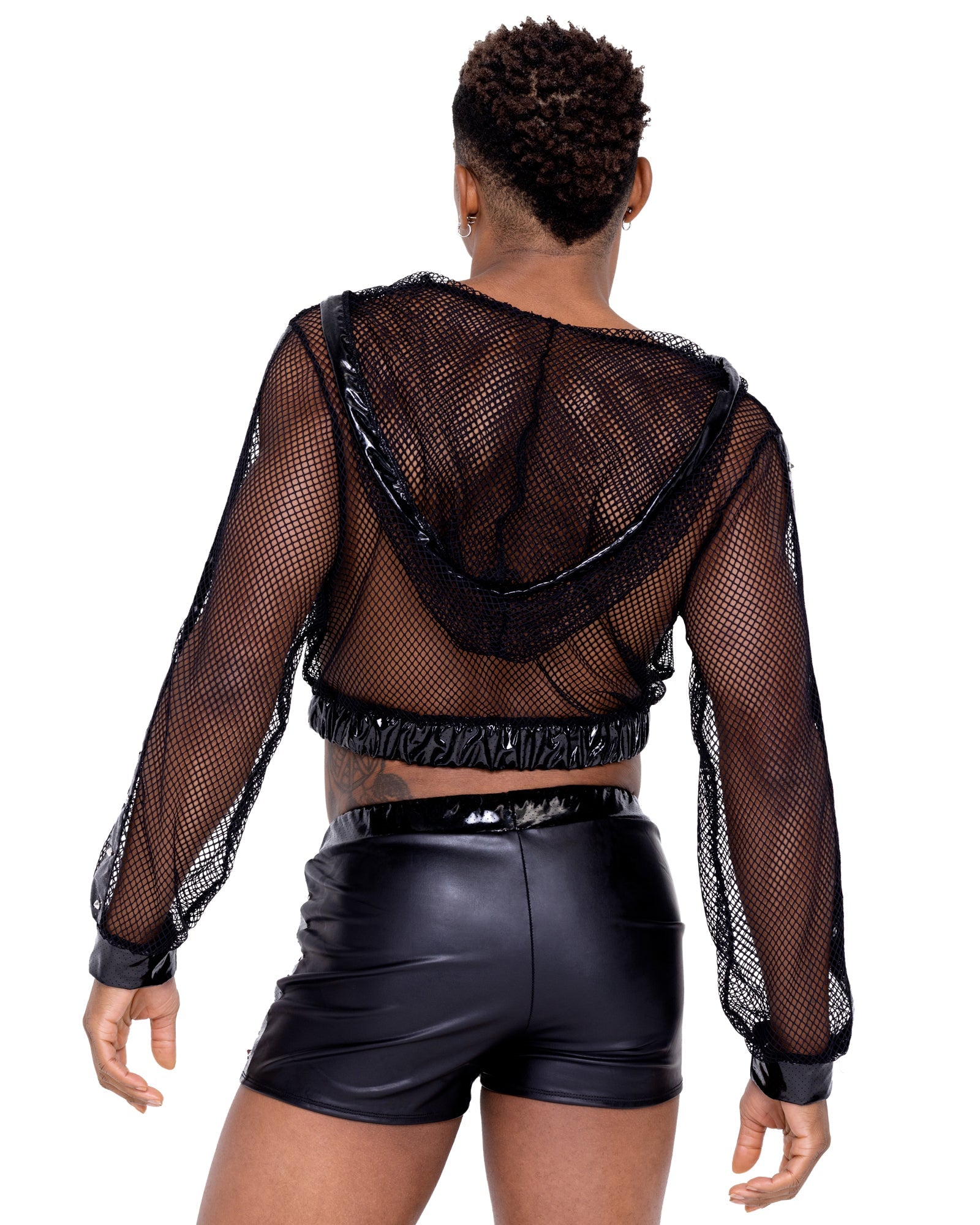 Black Sultry 6328 - Cropped Fishnet Hoodie Ravewear Back View Size XL