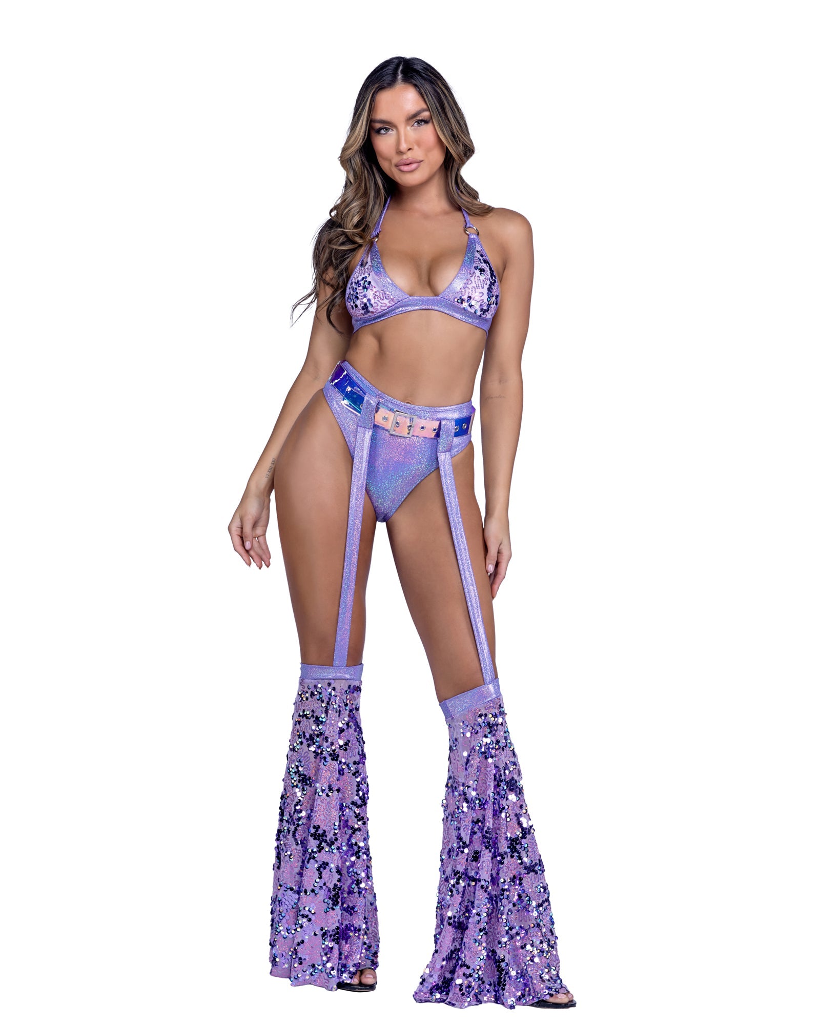 Lavender Polished 6423 - Sequin Halter Bikini Top with Ring Hardware Ravewear Size L