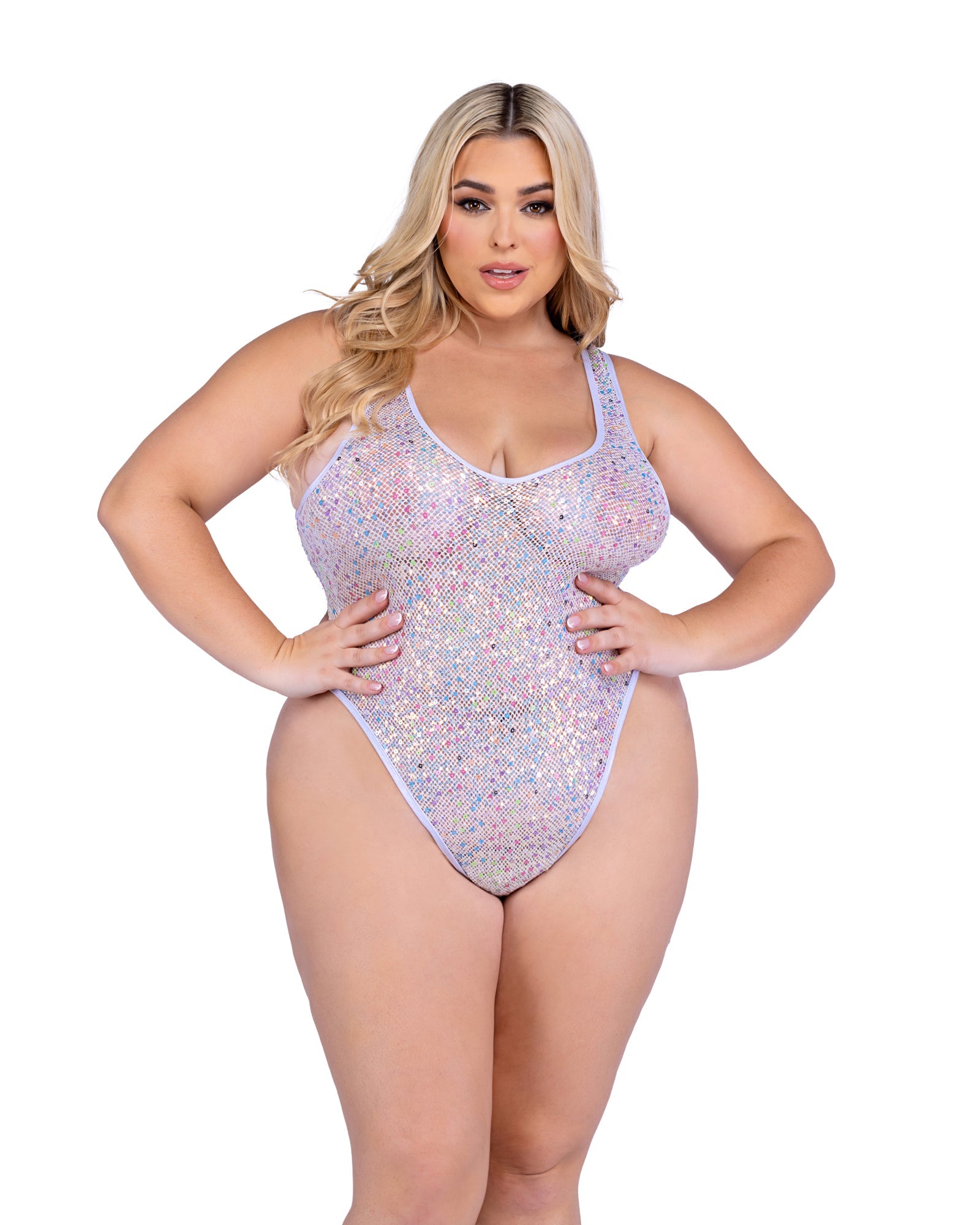 White Sultry 6432 - Sequin Fishnet Romper Ravewear Size XXL