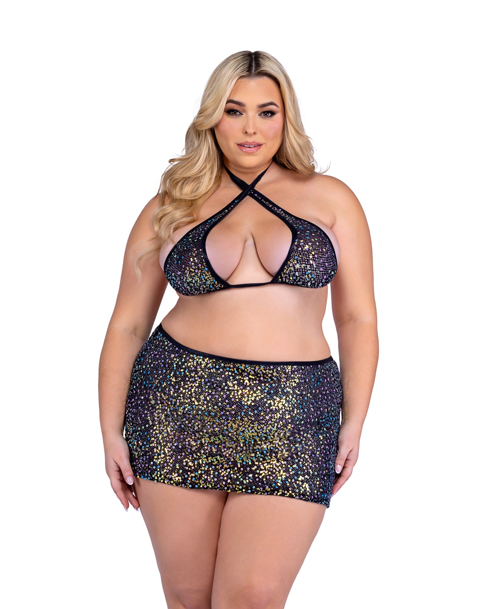 Black Runway 6434 - Sequin Fishnet Skirt Ravewear Size XXL