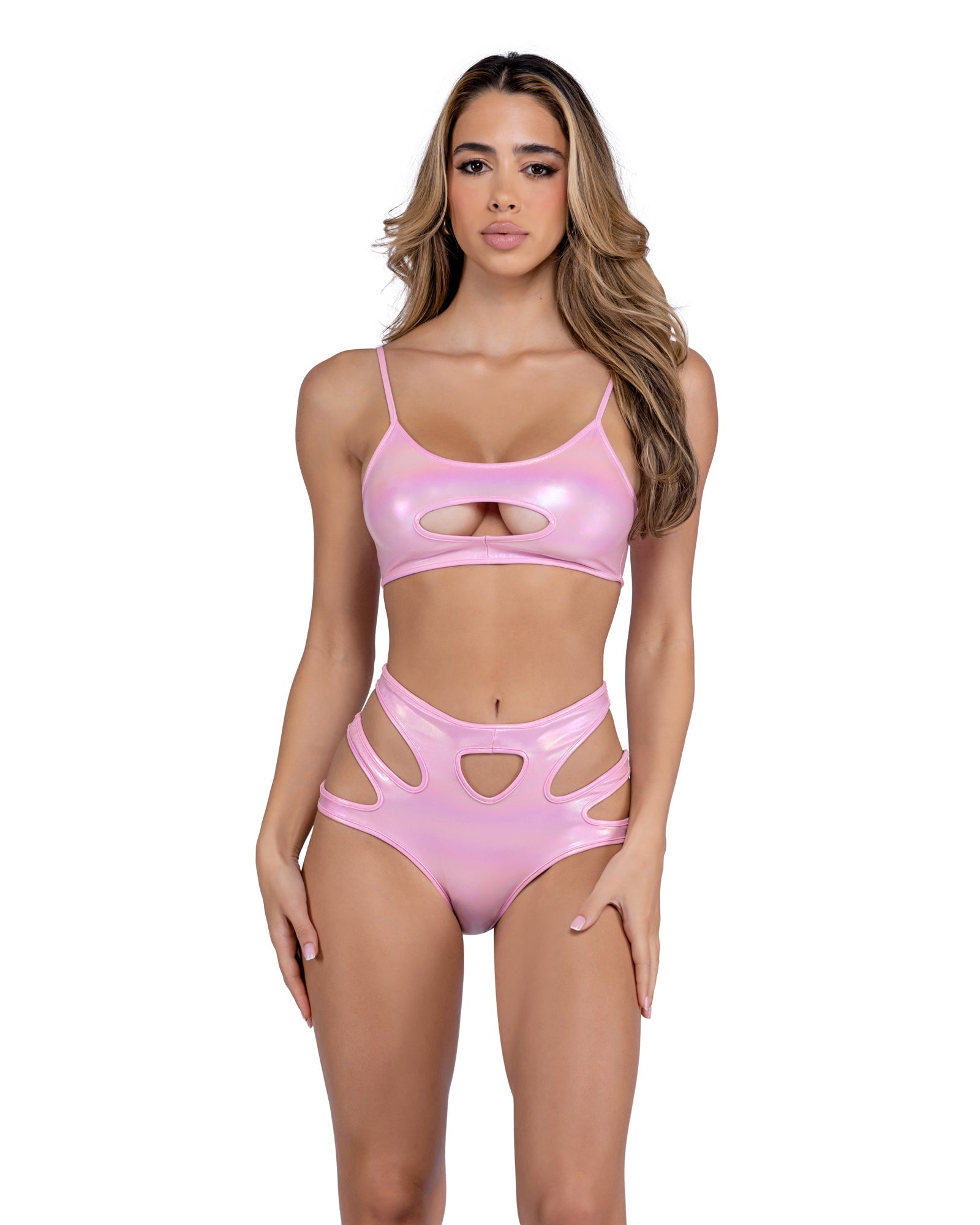 Baby pink Radiant 6449 - Metallic Iridescent Keyhole High-Waisted Shorts Ravewear Size L