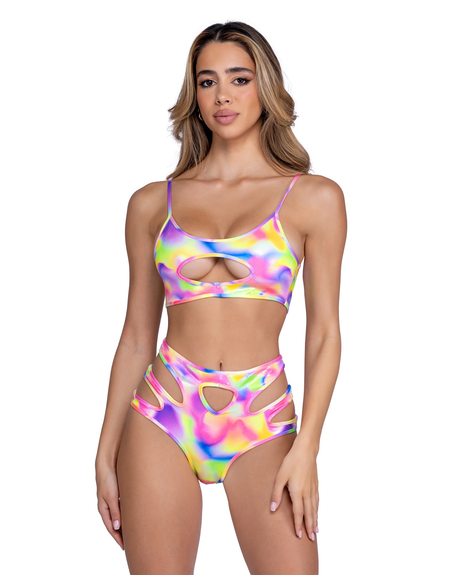 Multi Vivid 6466 - Shimmer Multi-Colored Keyhole Cropped Top Ravewear Size L