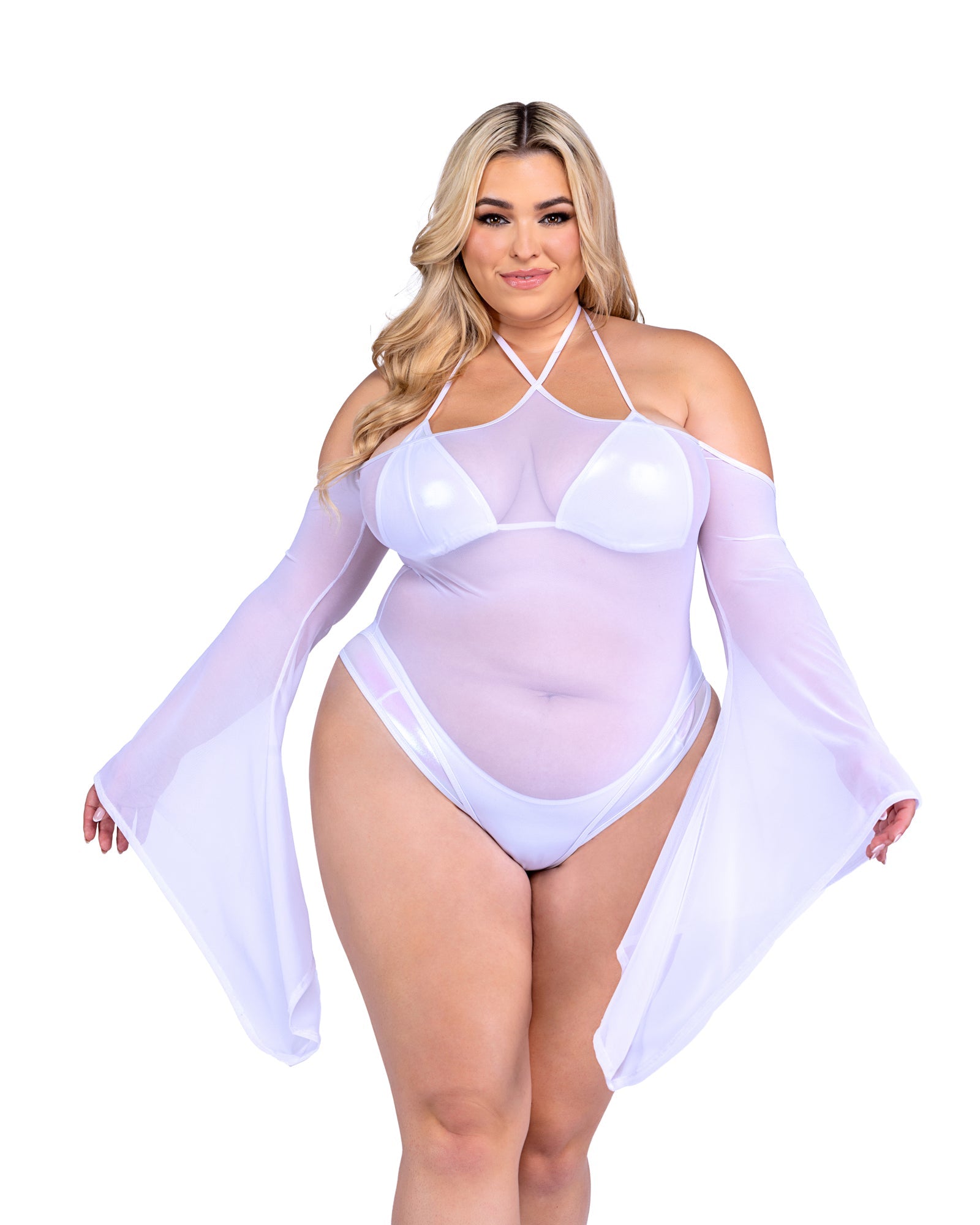 White Sensual 6497 - Sheer Mesh Romper with Bell Sleeves Ravewear Size XXL