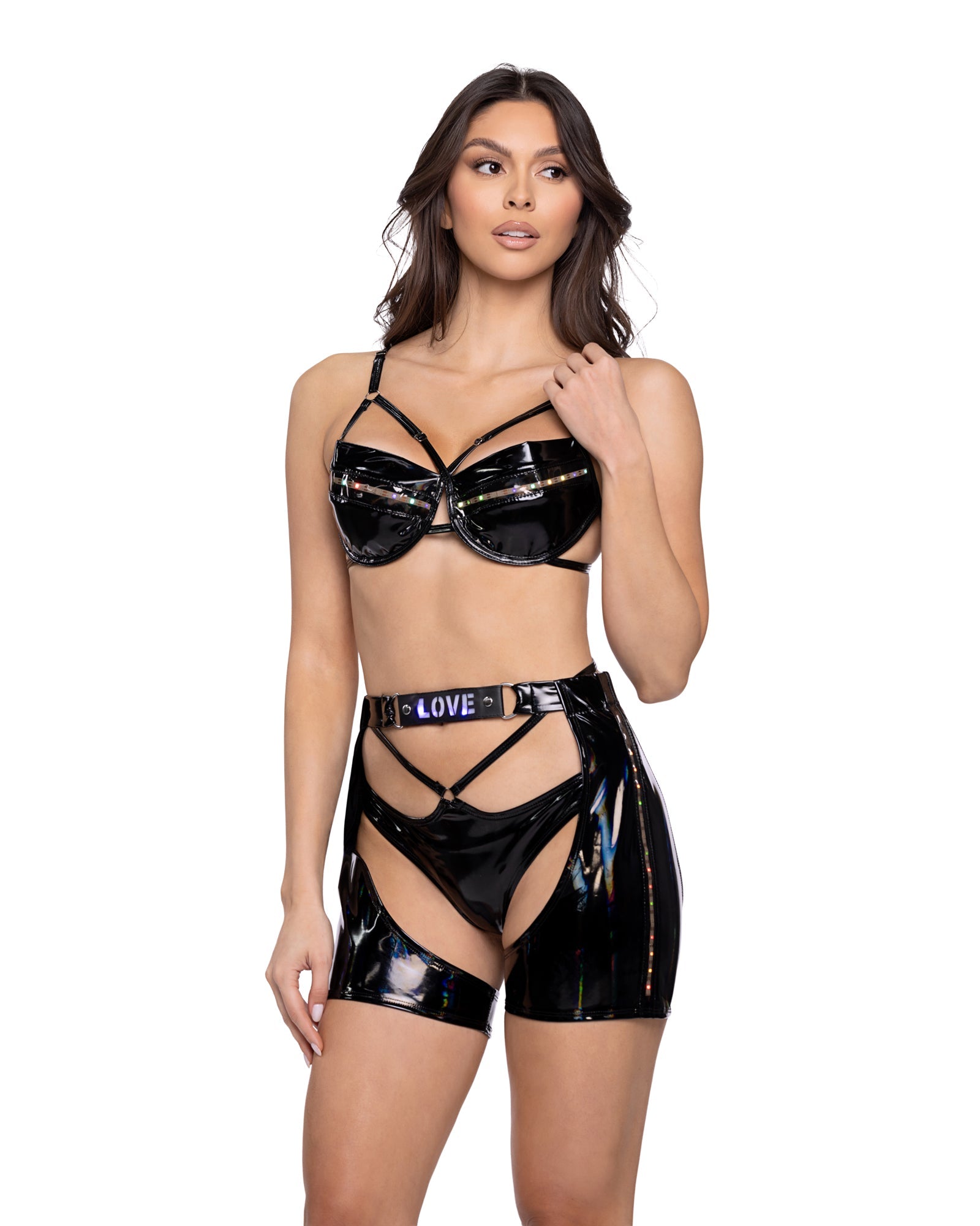 Black/multi Artisanal 6503 - 2PC Pride Light-Up Vinyl Bra Set Ravewear Size XL