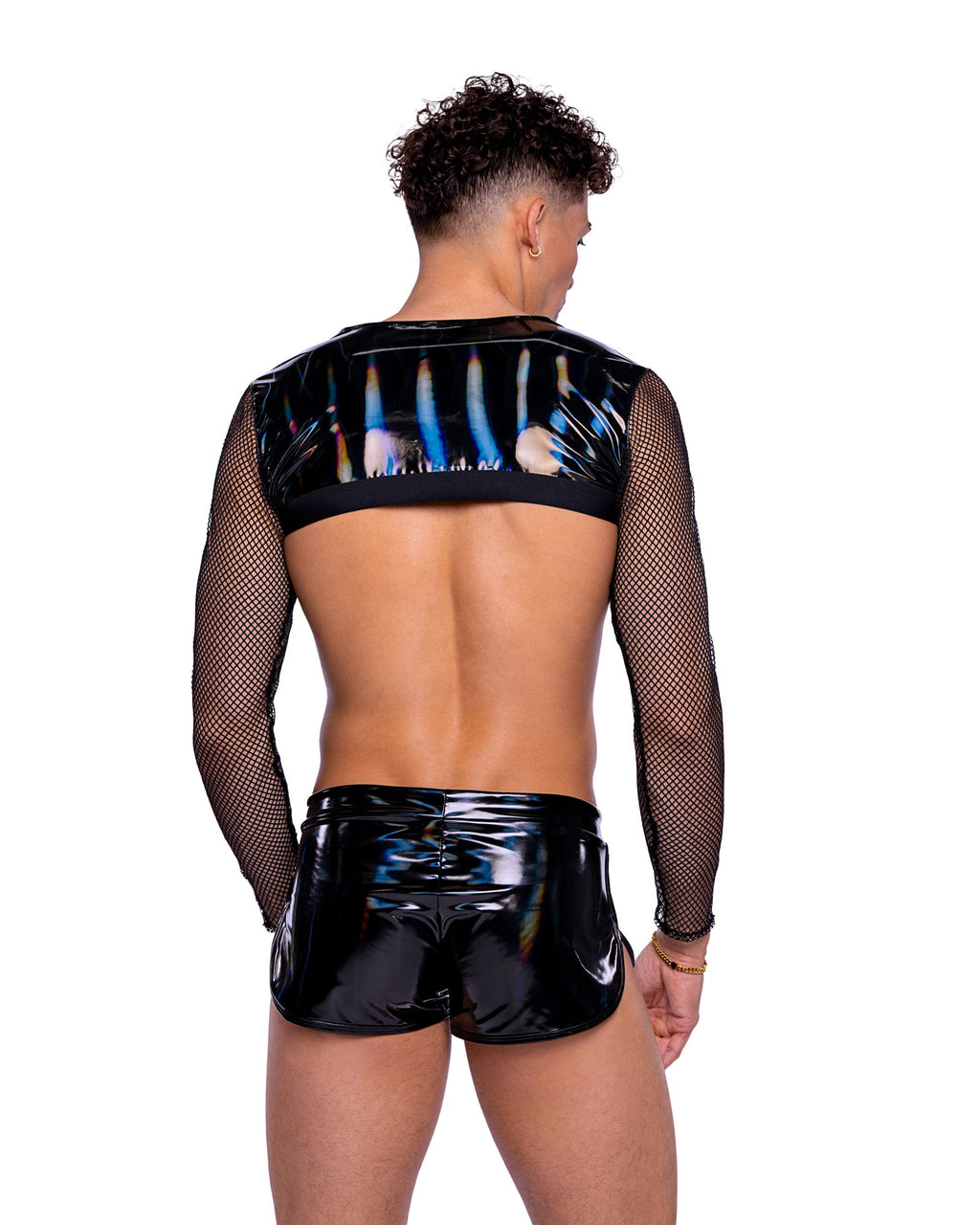 Striking 6518 - Vinyl with Iridescent Print Long Sleeved Fishnet Top Ravewear Back View