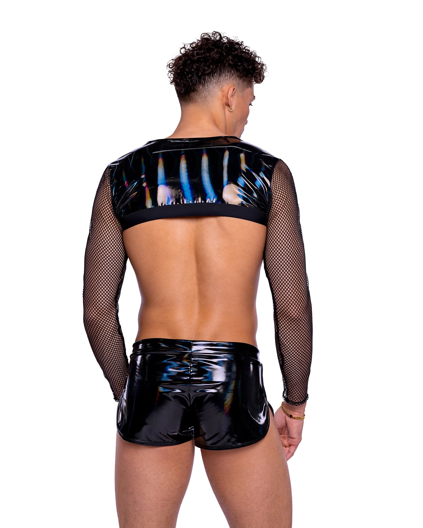 Striking 6518 - Vinyl with Iridescent Print Long Sleeved Fishnet Top Ravewear Back View