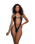 Enchanting 1PC Embossed Velvet Deep Plunge Romper Dance Romper in Black by Build-A-Hoochie