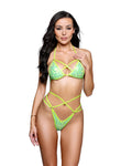 Sparkling 2PC Sequin Strappy Ring Bikini Set Dancewear Set in Neon Yellow by Build-A-Hoochie