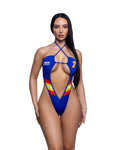 Flirty Racer Print Deep Plunge 1PC Dance Bodysuit in Royal Blue by Build-A-Hoochie