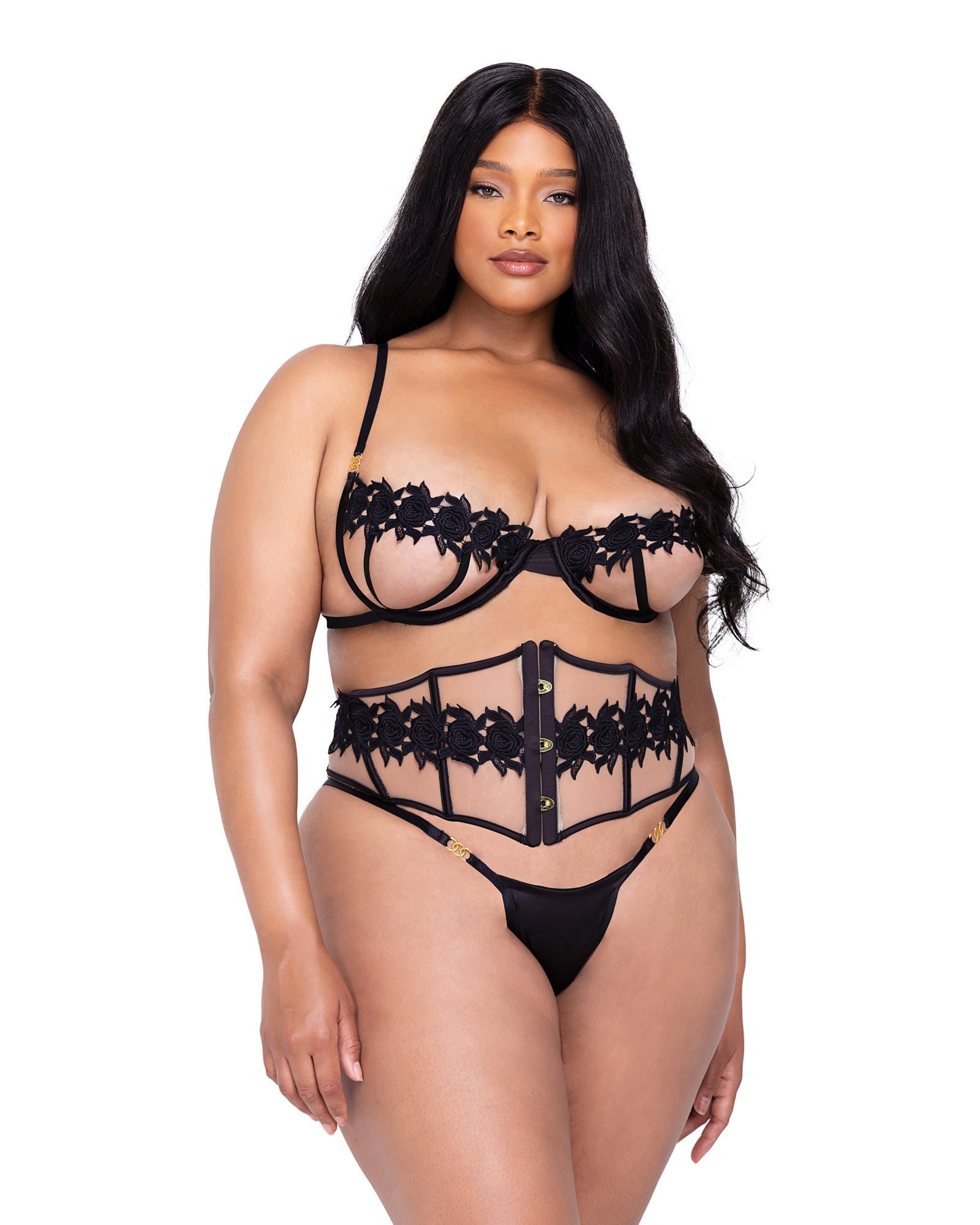 Black Opulent Ebony Rose 3-Piece Waspie Short Set Lingerie Size 2XL