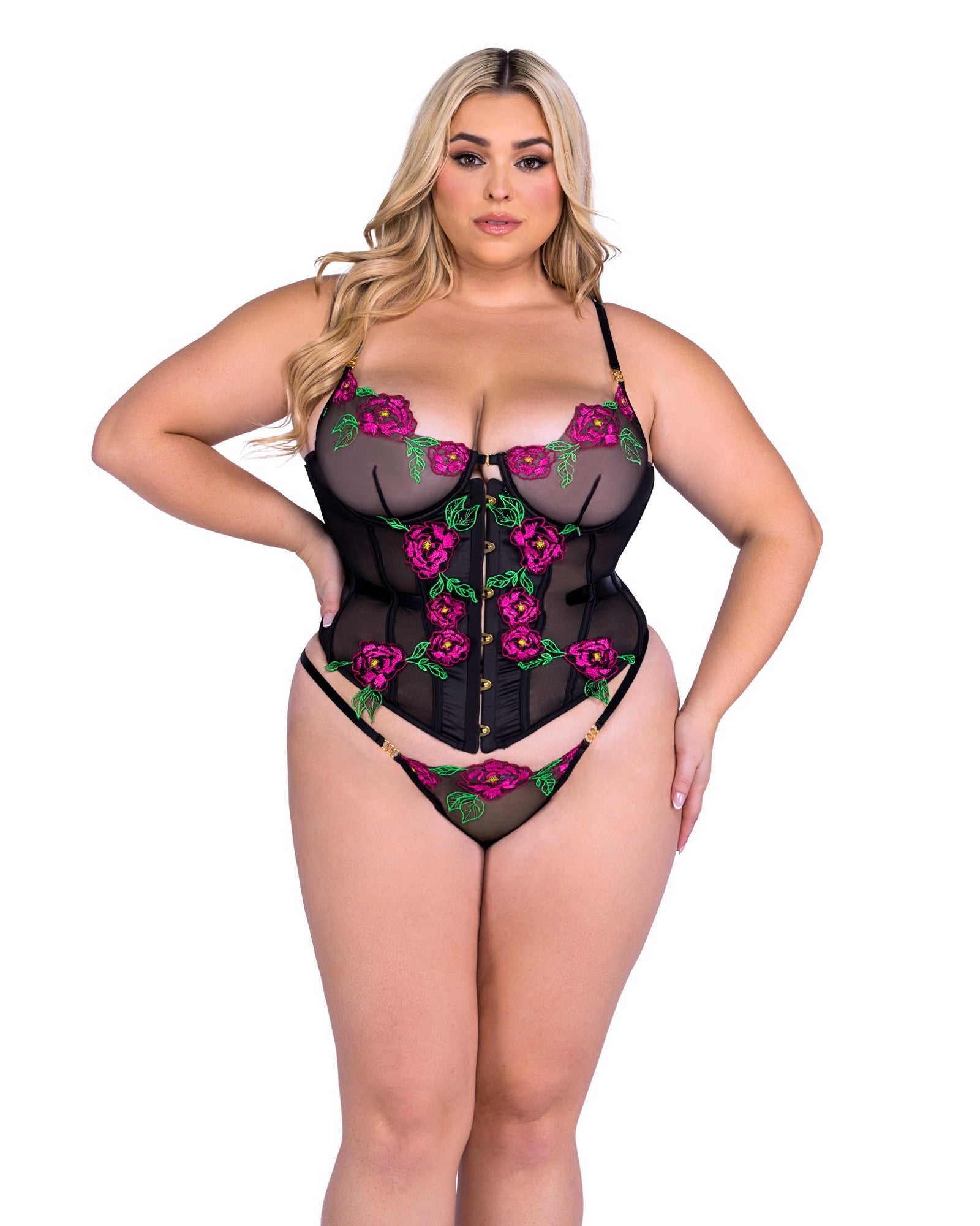 Black/multi Modern Peony Paradise Corset 2-Piece Set Lingerie Size 2XL