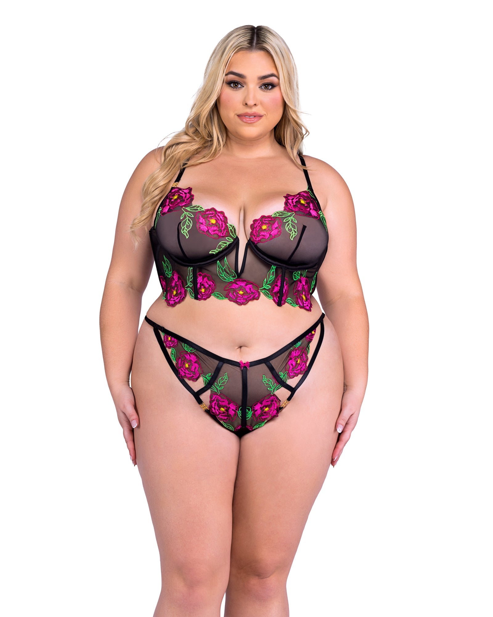 Black/multi Magnetic Peony Paradise 2-Piece Bra Set Lingerie Size 2XL