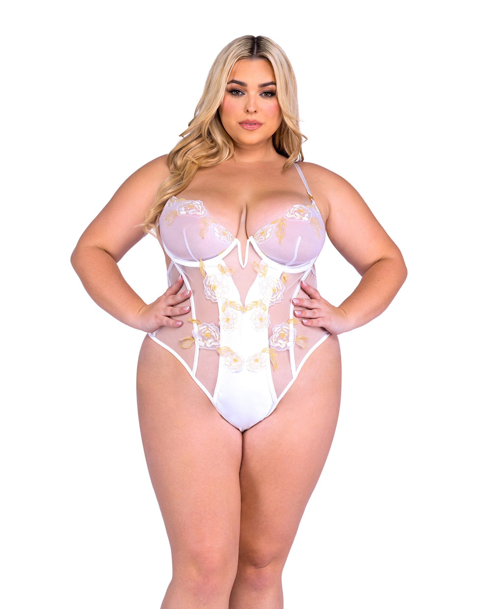 White/gold Epic Peony Paradise Bridal Teddy Lingerie Size 2XL