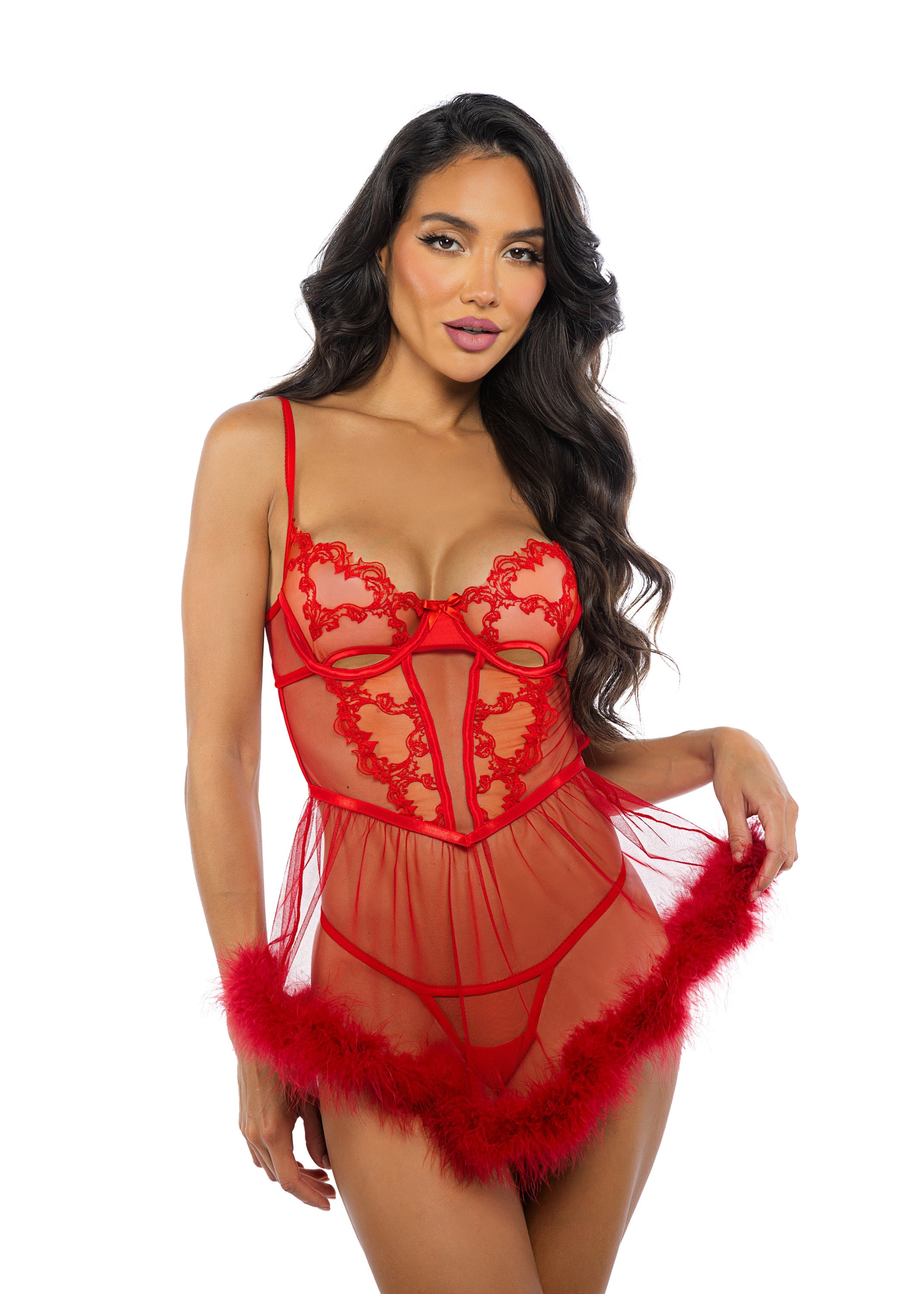 Red Gleaming Baroque Heart Babydoll 2-Piece Set Lingerie Size XL