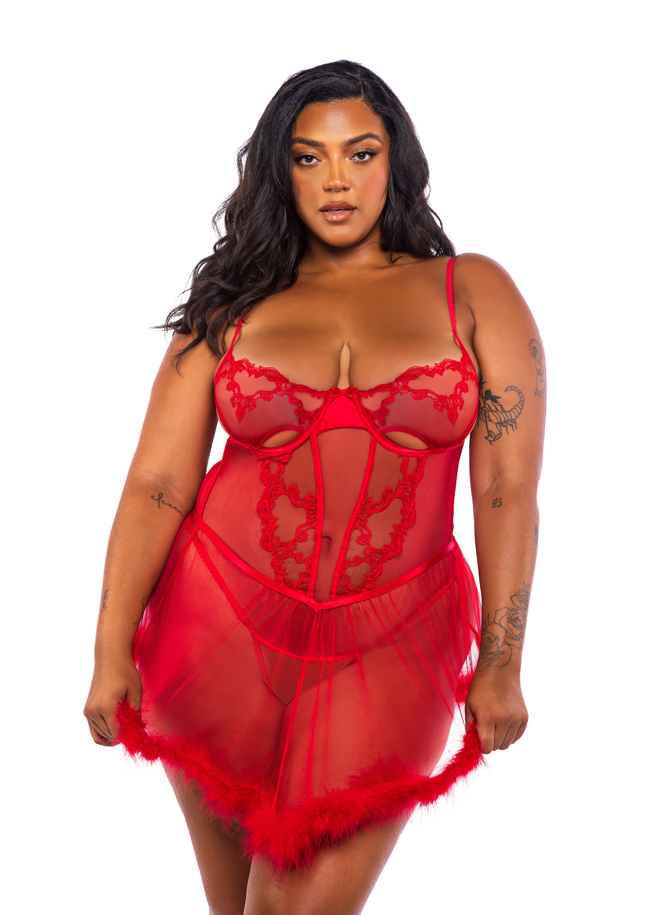 Red Gleaming Baroque Heart Babydoll 2-Piece Set Lingerie Size 2X