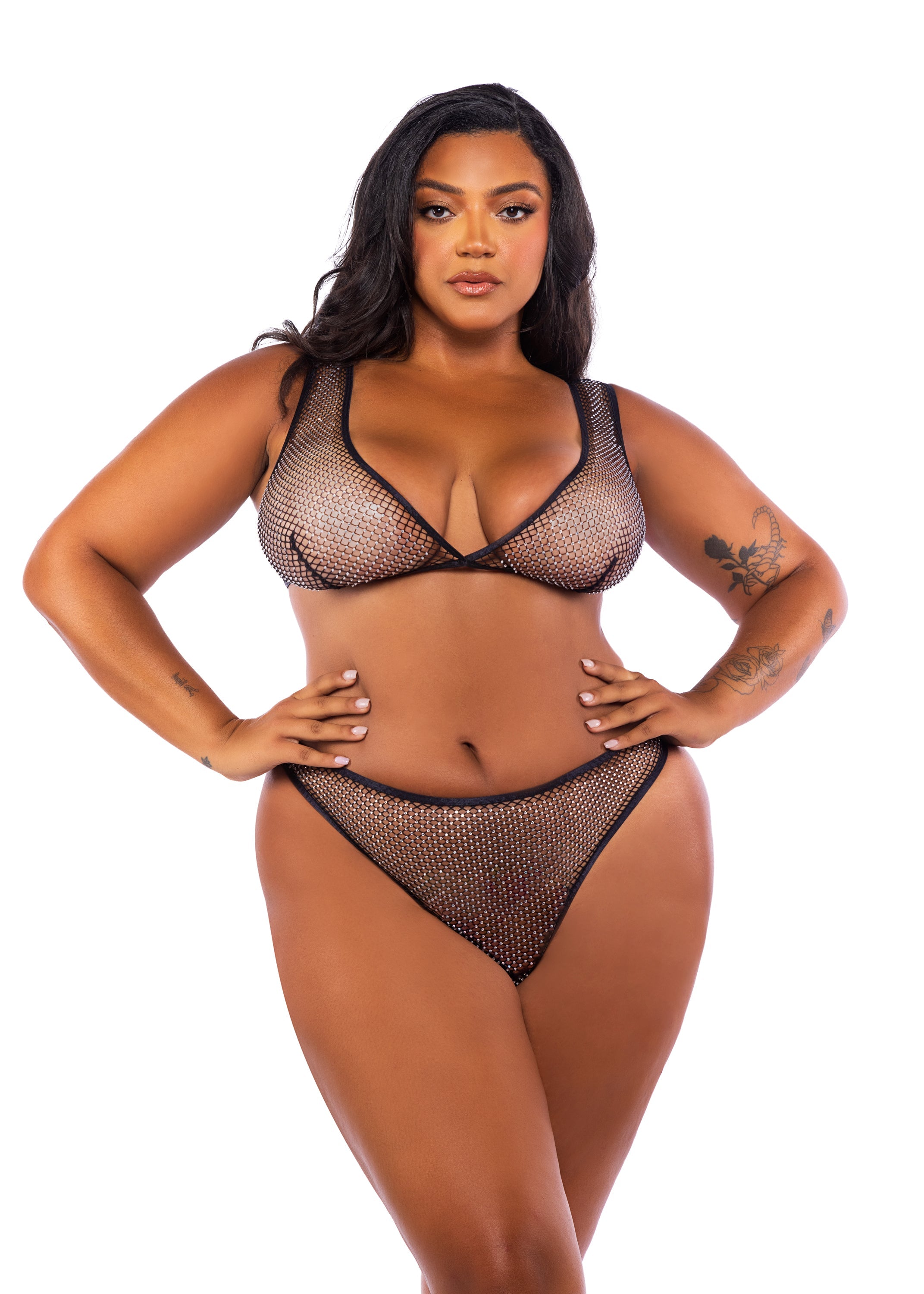 Black Amethyst Think Pink Rhinestone Bralette 2-Piece Short Set Lingerie Size 1X/2X