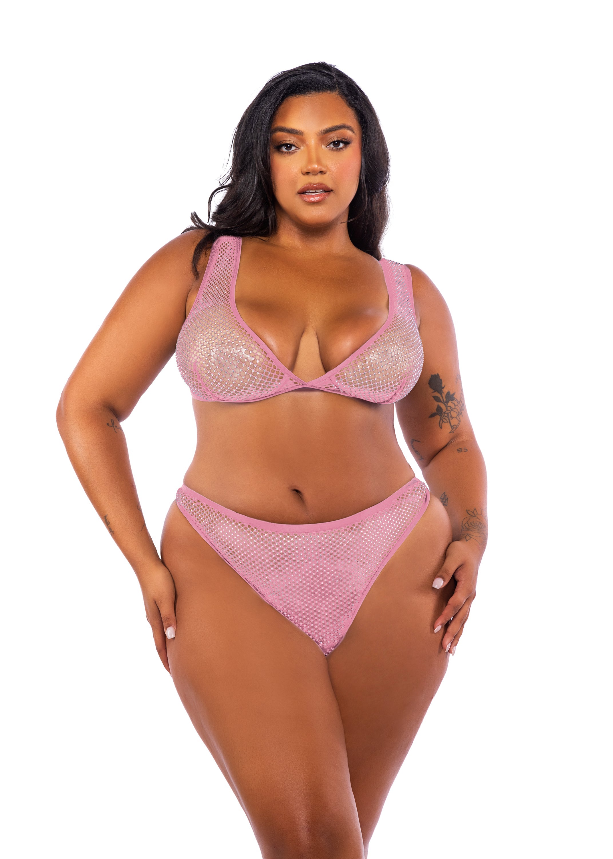 Pink Amethyst Think Pink Rhinestone Bralette 2-Piece Short Set Lingerie Size 1X/2X