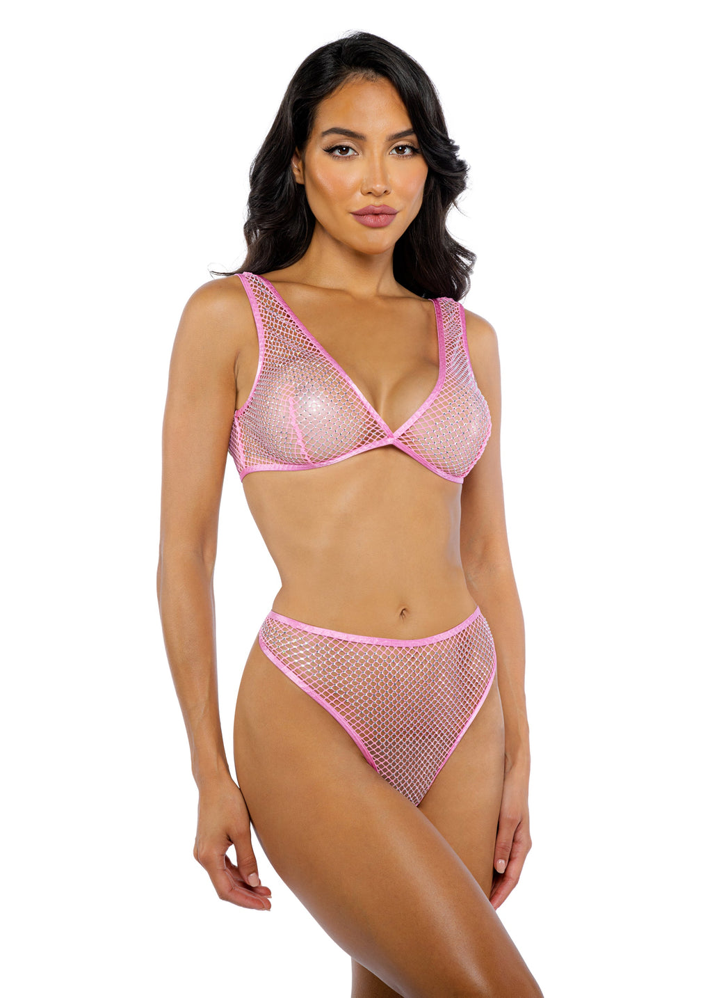 Pink Amethyst Think Pink Rhinestone Bralette 2-Piece Short Set Lingerie Size L/XL