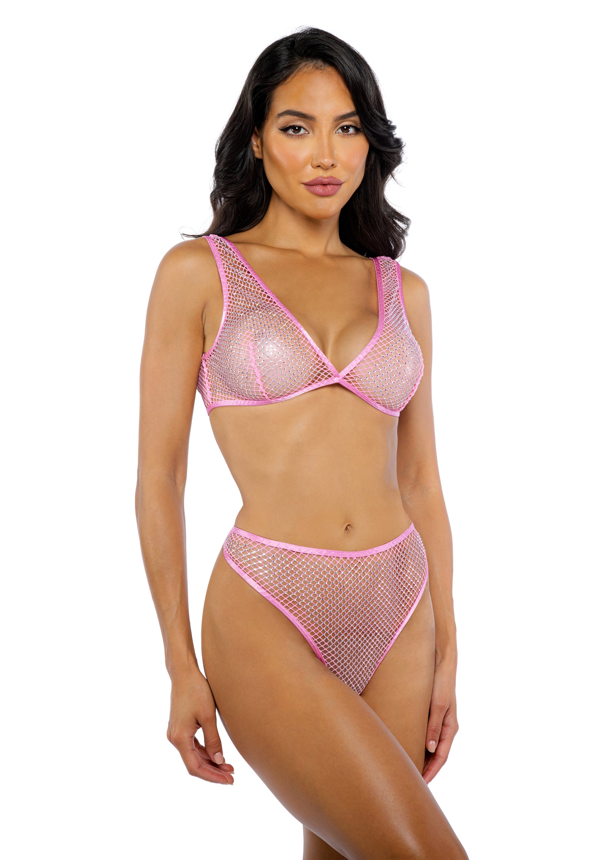 Pink Amethyst Think Pink Rhinestone Bralette 2-Piece Short Set Lingerie Size L/XL