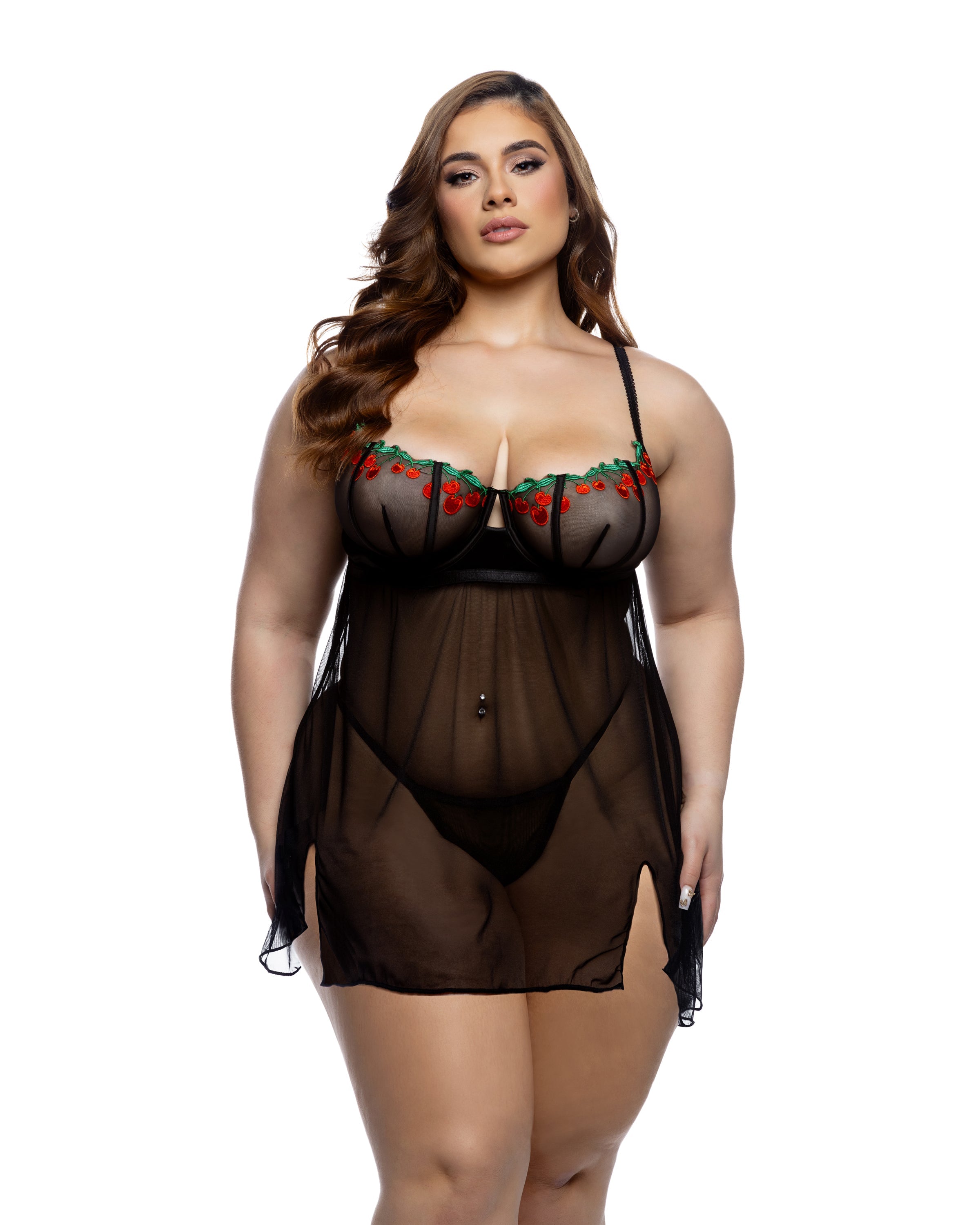 Black Famed Cherry Delight Babydoll 2pc Set Lingerie Size 2X