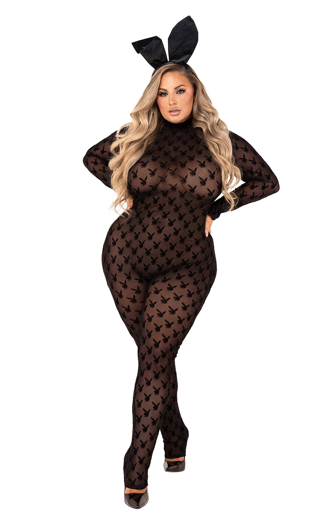 Sparkling 2PC Sheer Playboy Bunny Bodysuit Costume Set in Black by Build-A-Hoochie