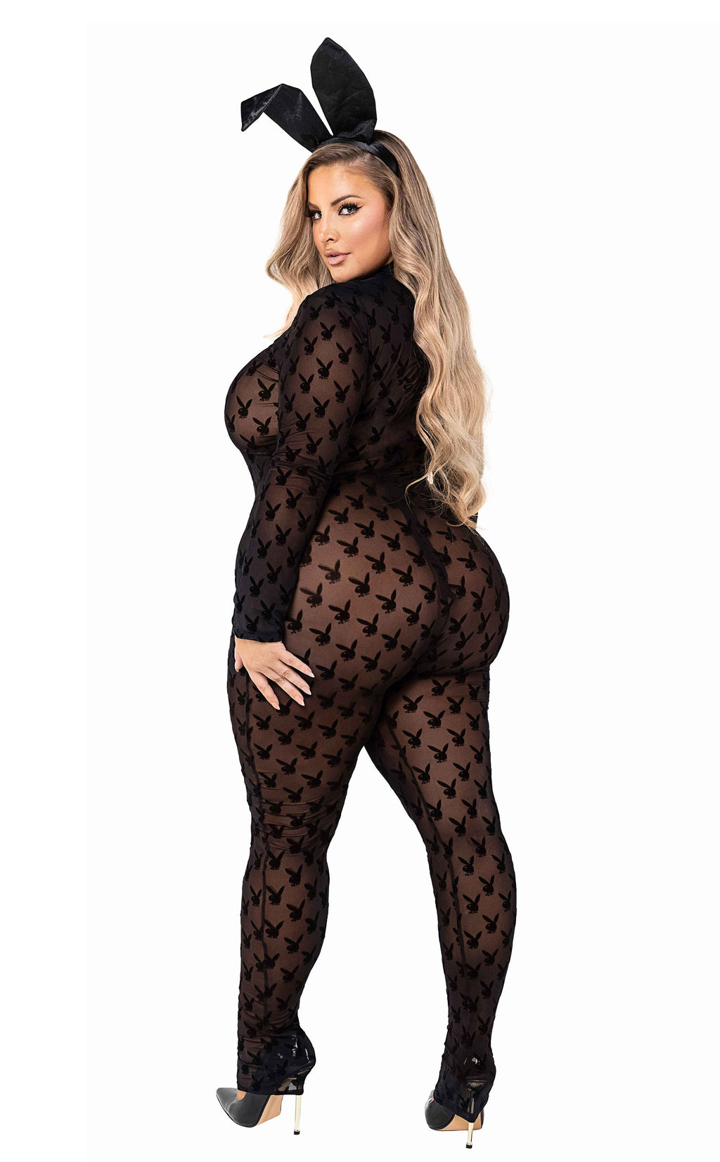 Sparkling 2PC Sheer Playboy Bunny Bodysuit Costume Set in Black by Build-A-Hoochie