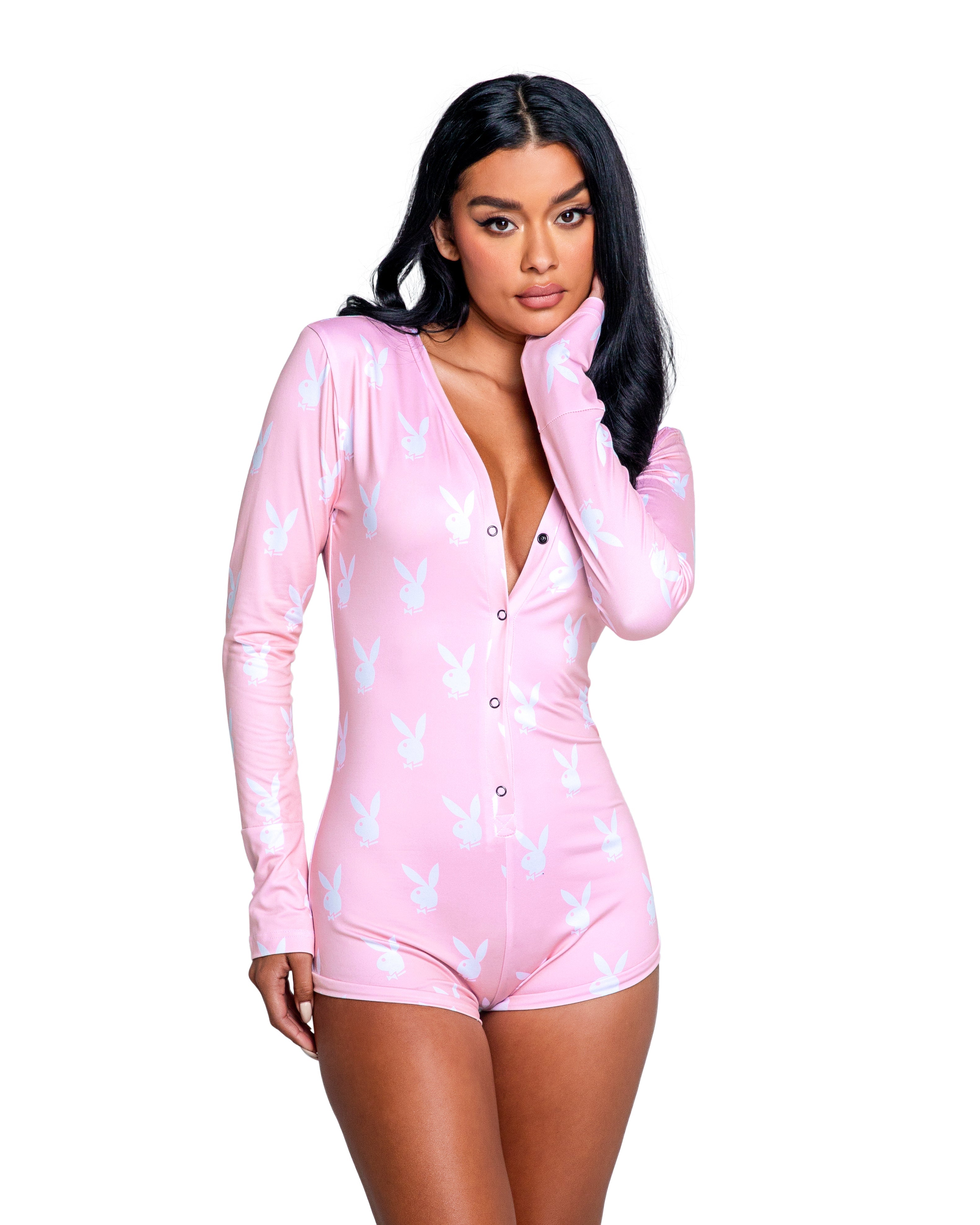 Pink/white Glittering Playboy Slumber Bunny Romper Playboy Lingerie Size L/XL
