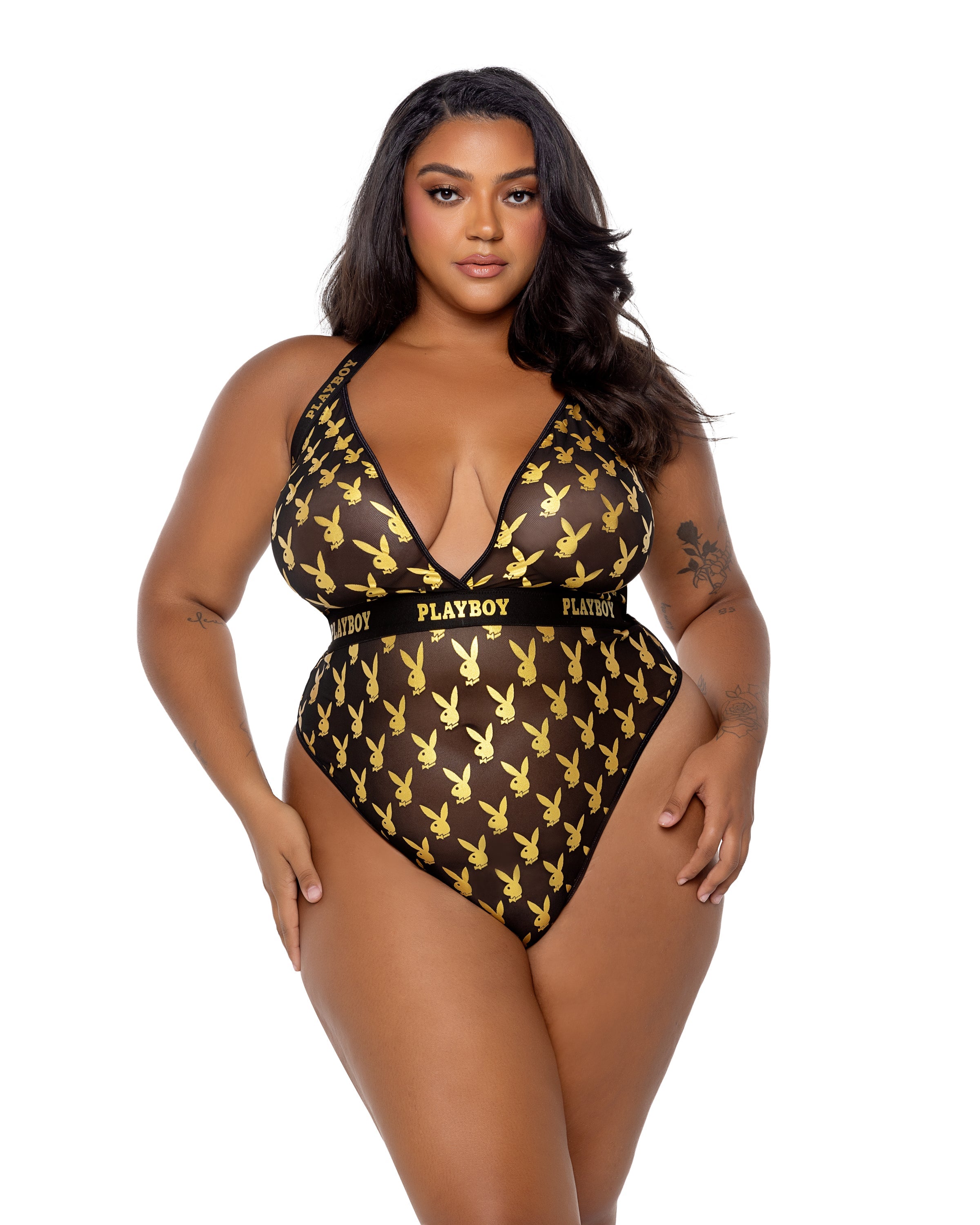 Black/gold Bespoke Playboy Foiled Bunny Teddy Lingerie Size 2X