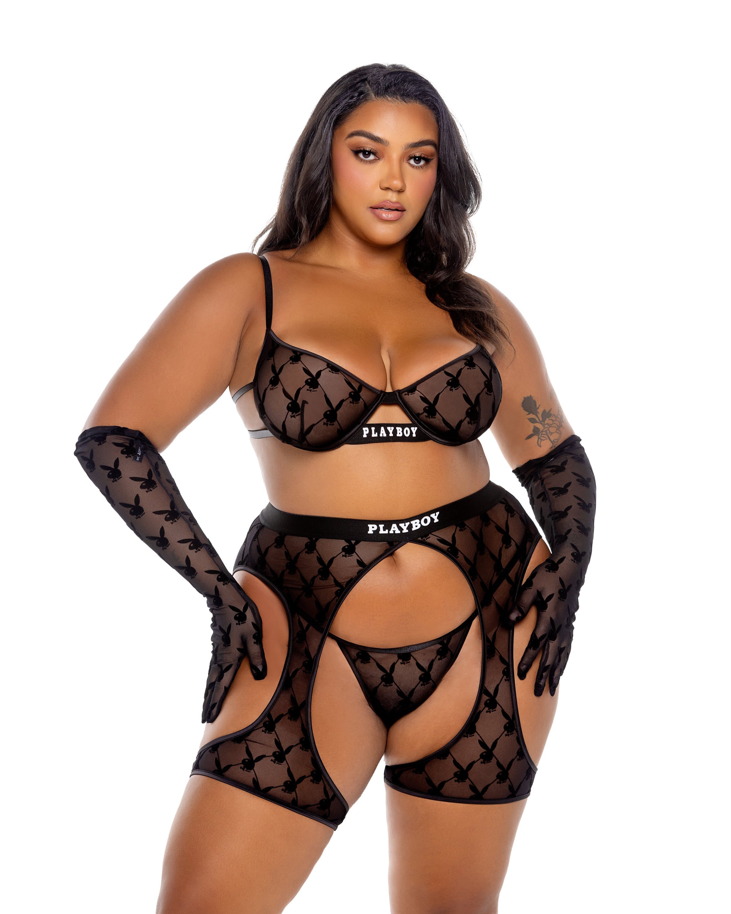 Black Divine Playboy Flocked Bunny Chaps Lingerie Size 2X