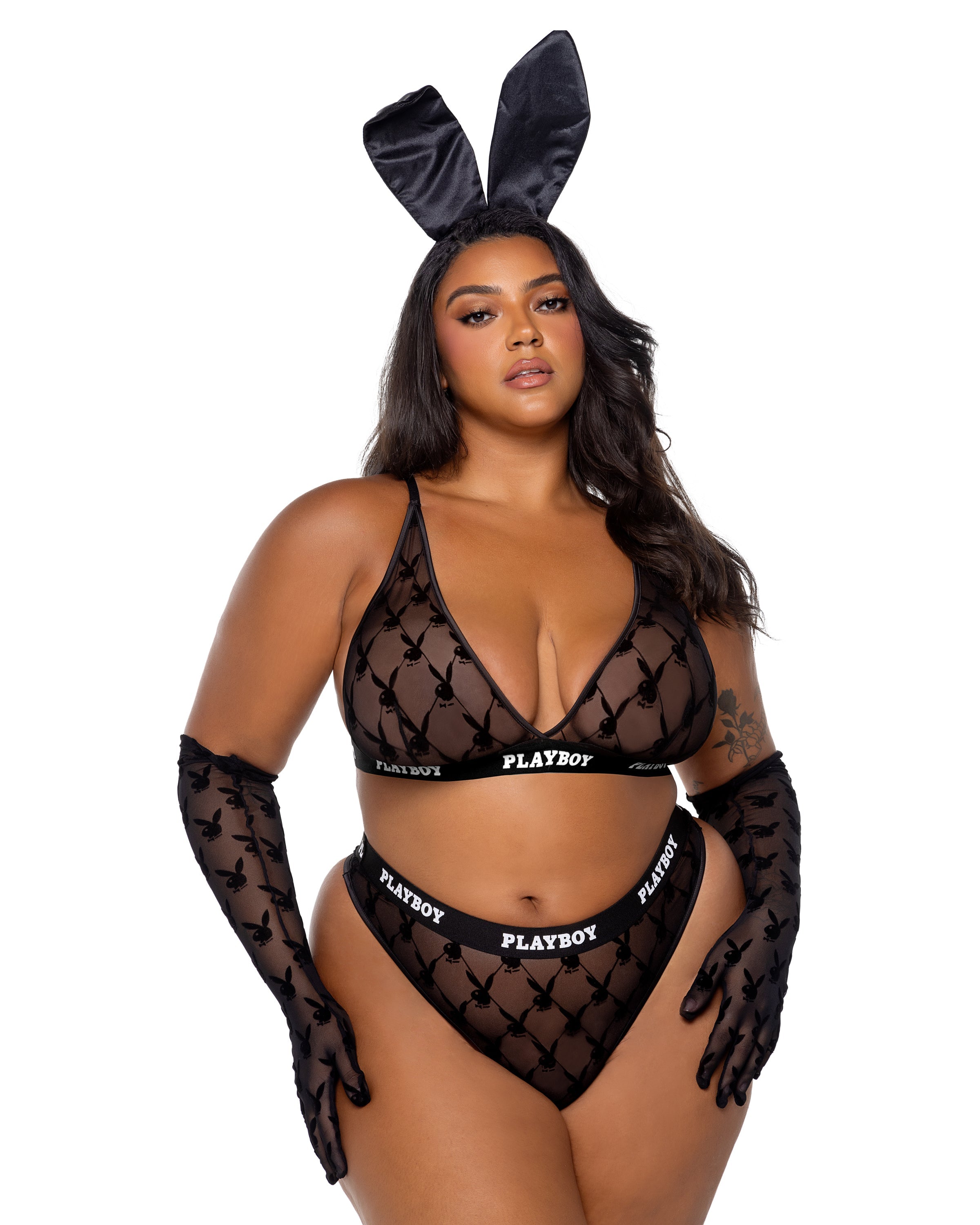 Black Goddess Playboy Flocked Bunny Bralette 2pc Set Lingerie Size 2X