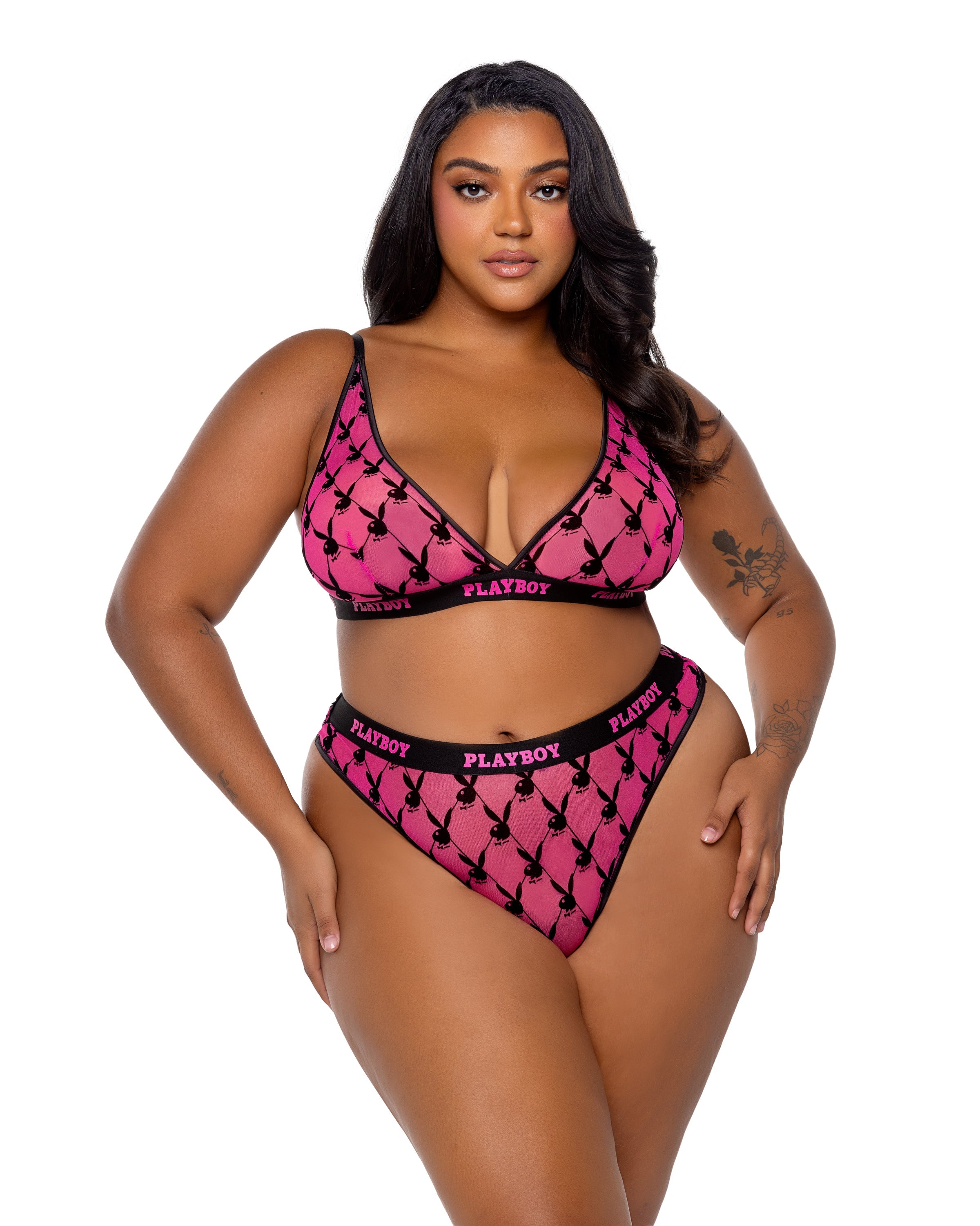 Pink Goddess Playboy Flocked Bunny Bralette 2pc Set Lingerie Size 2X