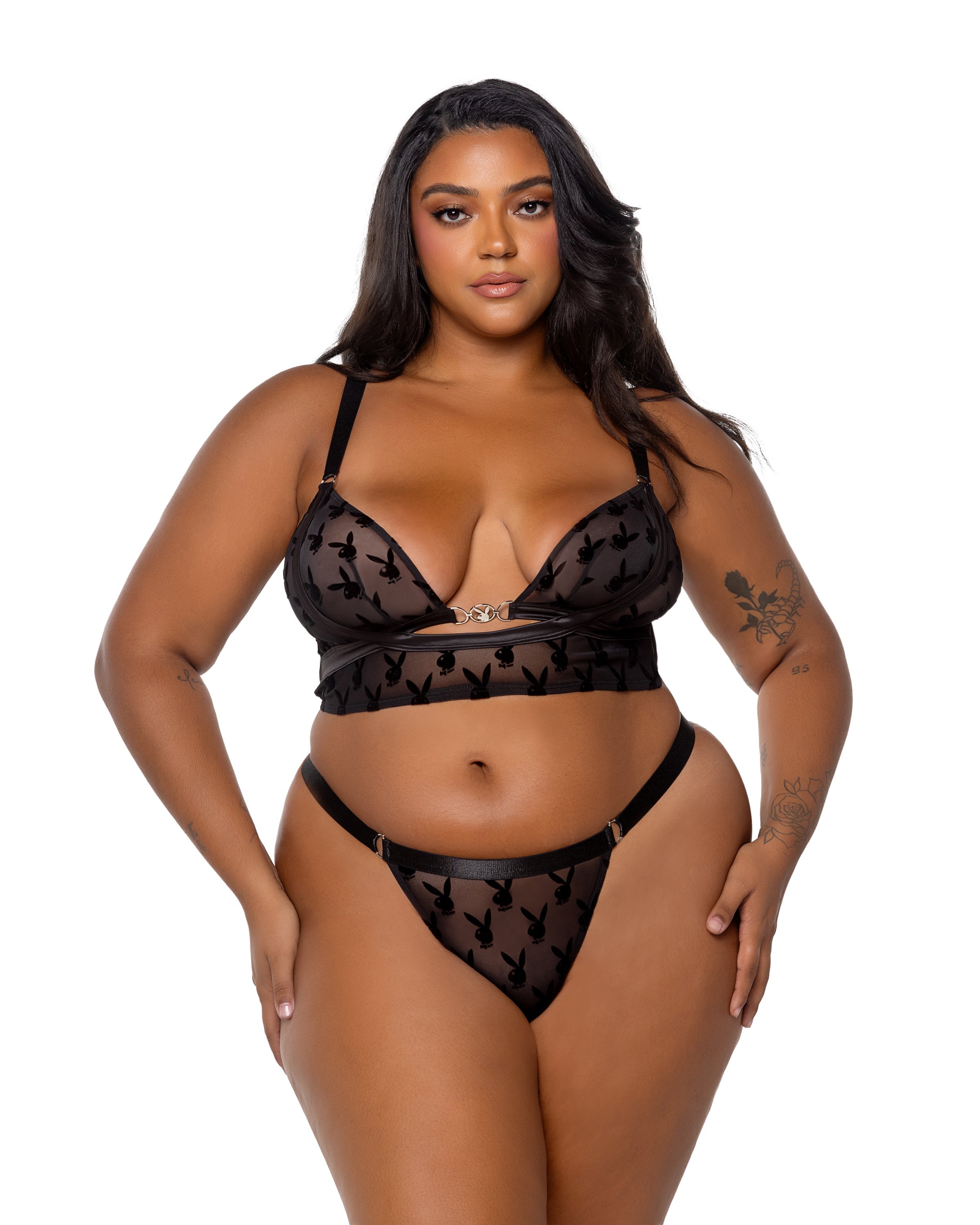 Black Dramatic Playboy Bunny Charm Bralette 2pc Set Lingerie Size 2X