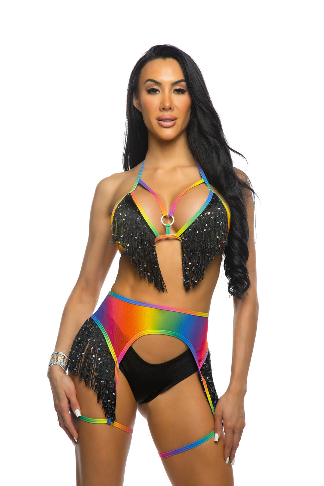 BAHJR208 - Graceful Rainbow Fringe Top, Garter & Short Set