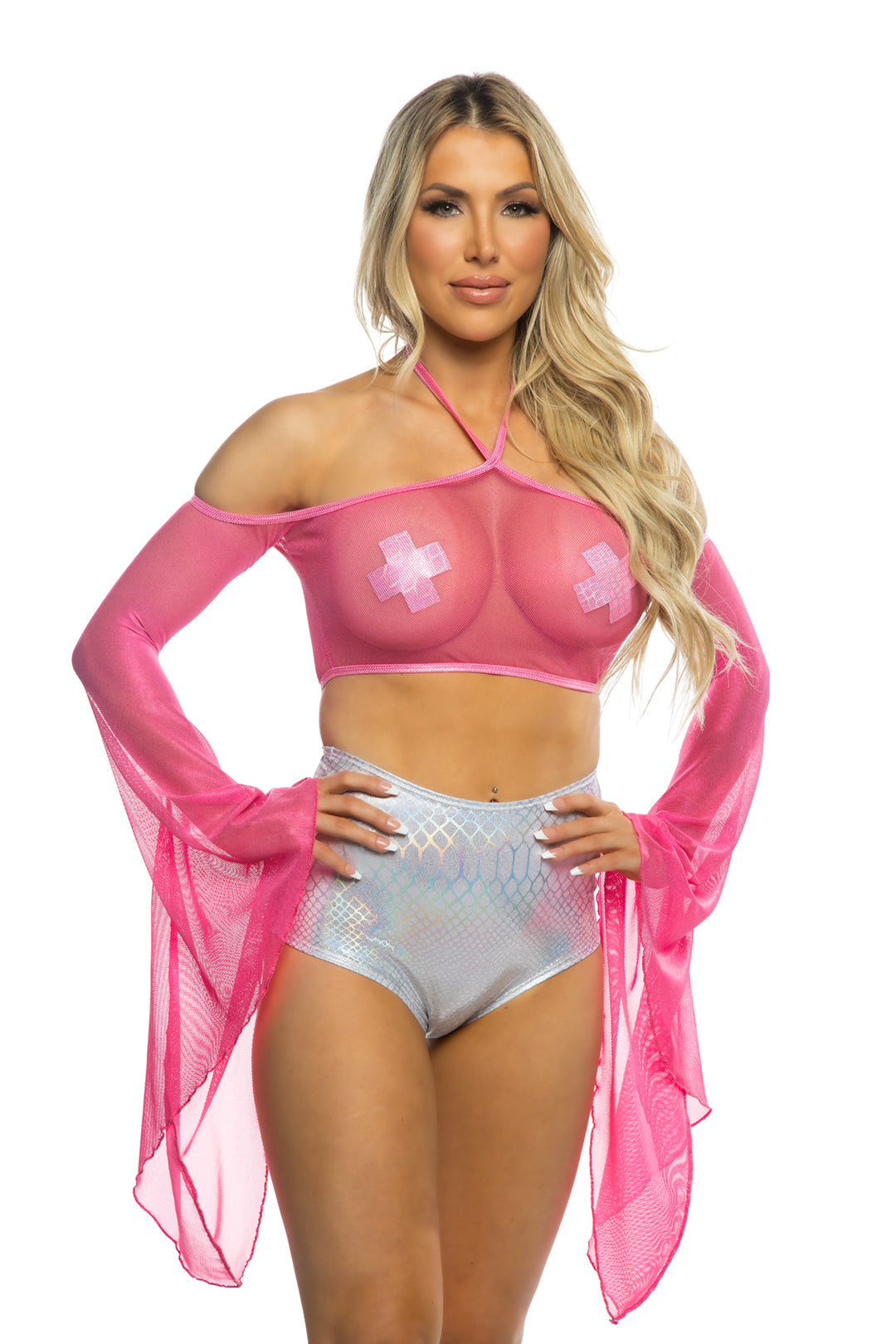 BAHJR237 - Enchantress Coated Fishnet Flair Sleeve Halter