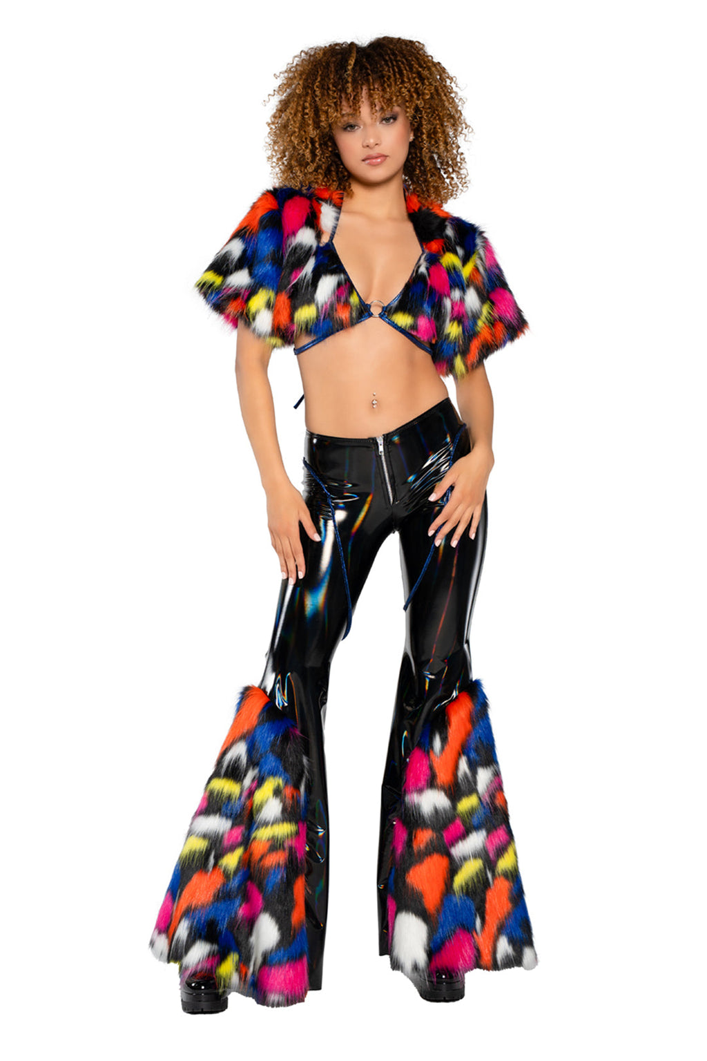 BAHJR222 - Polished Holo PVC/Faux Fur Bell-Bottom Pant